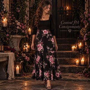 The Pyramid Collection Floral Boho Pull-on Maxi Skirt Women's Black Pink 1X NEW